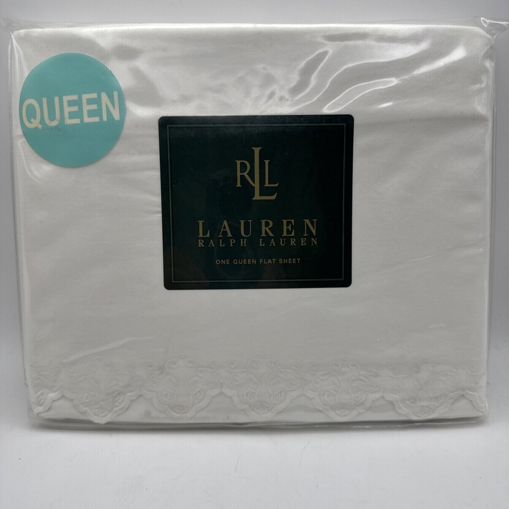 Ralph Lauren QUEEN Flat Sheet BRITTANY Lace White Scallop Embroidered Vtg 90s
